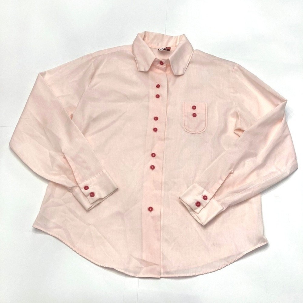 Vtg Pink Blouse Button Up Permanent Press Red Buttons Womens M 38-40 Long Sleeve